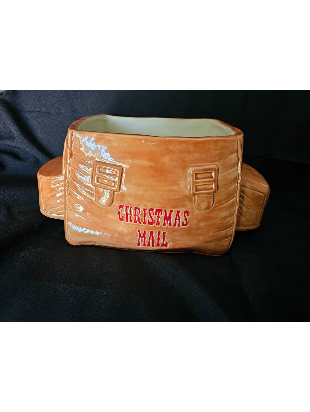 Vintage Ceramic Christmas Mail Holder Bag Brown Red Letters 12X6 Decor Holiday